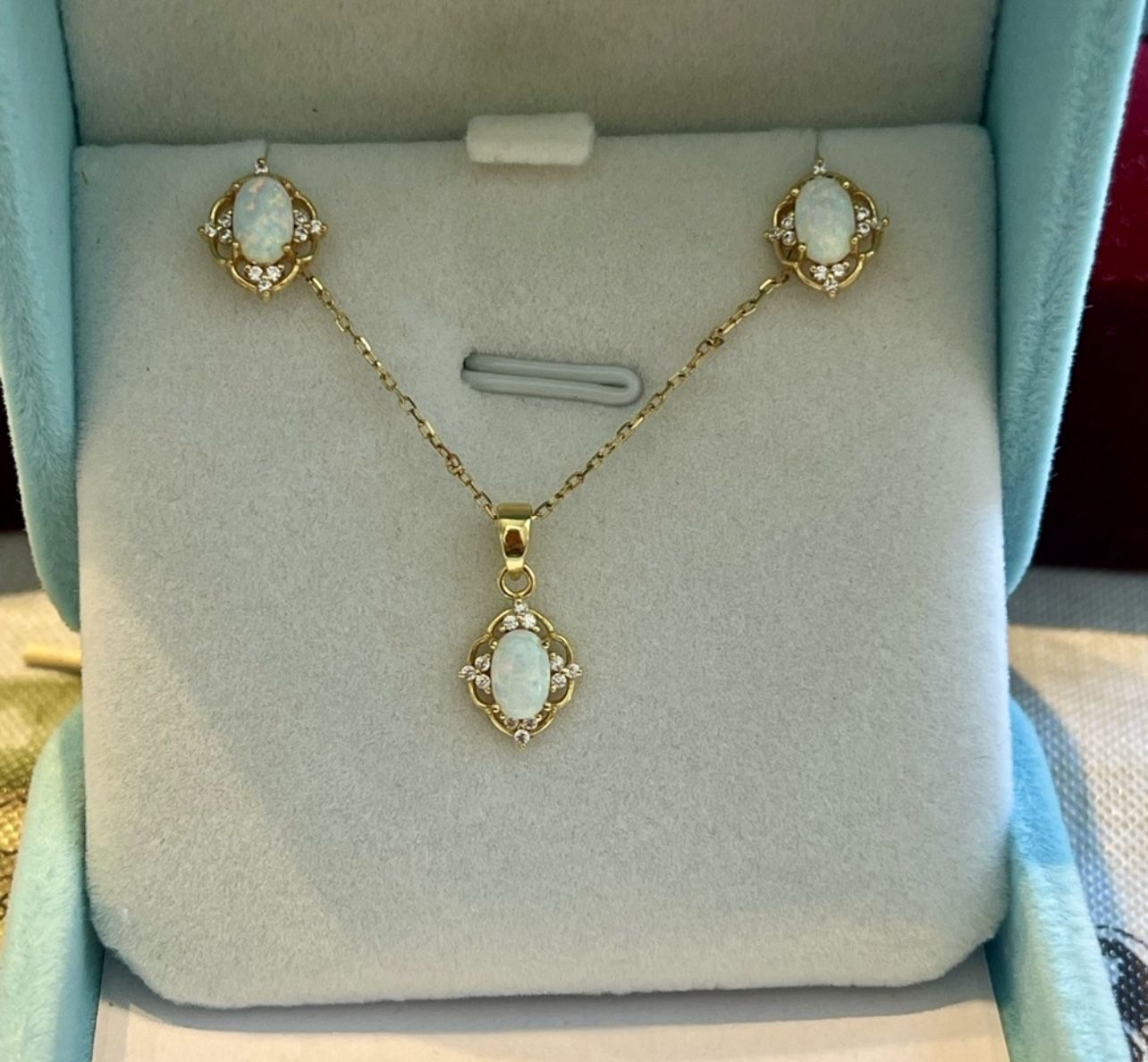 18k Gold Plating Over Sterling Silver 925 Opal Set With Earrings N Pendant 