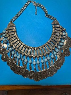 Boho Silver-Tone Coin and Blue Bead Statement Necklace
