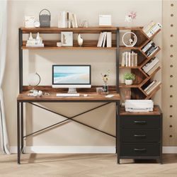 52 in. Computer Desk with Bookshelf, 3 Drawers & Hutch — Rustic Brown