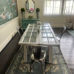 Vintage Chalk Painted Antique French Door Dining Table With 4 Bistro Chairs