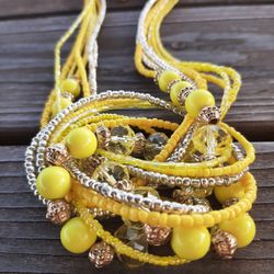 Yellow White Multi-Strand Seed Bead Large Crystal Marble Opalescent Beads Boho Necklace Gold Accents