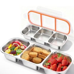 2Pack Reusable Stainless Steel Snack Containers with Leakproof Lids 3 Compartment, Stackable Metal Food Storage Lunch Boxes for Adults, Meal Prep, Tra