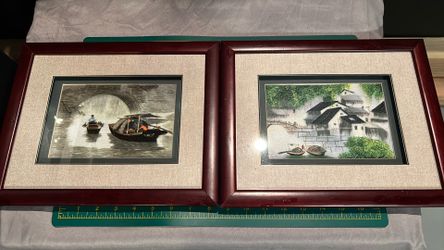 Pair of Vintage Framed Chinese Silk Embroidery Art - Jiangnan Water Village