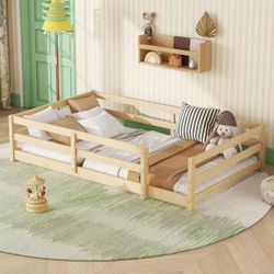 Twin Size Floor Bed, Montessori Floor Bed with Fence