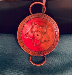 Vintage copper and enamel flower candlestick holder with copper loop handles