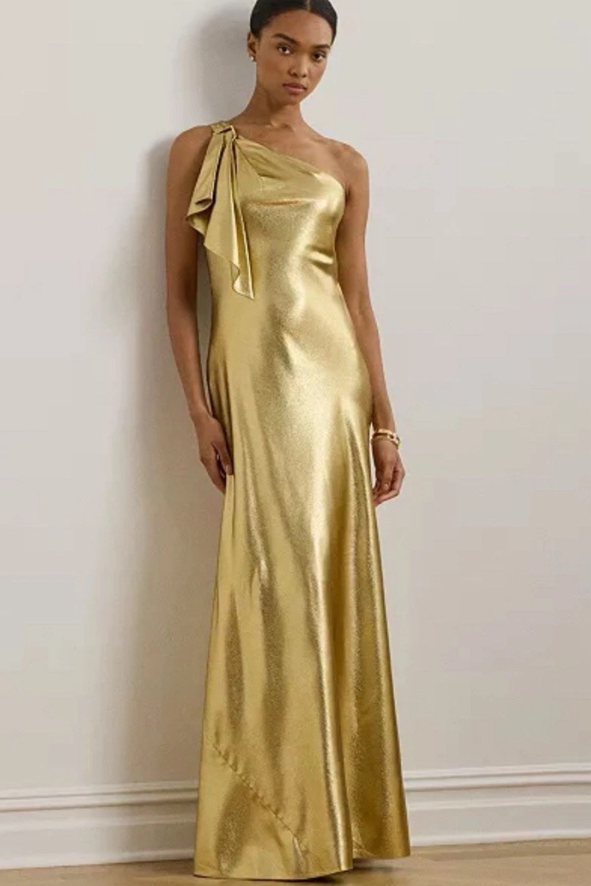 Lauren Ralph Lauren Women's Metallic Charmeuse Gold One Shoulder Gown Size 10
