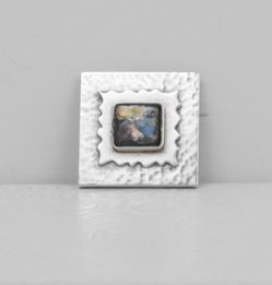 Vintage Sterling Silver & Dichroic Art Glass Hand Hammered Studio Jewelry Square Pin Brooch, Signed YBD