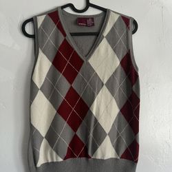 MERONA Argyle Womens Medium Gray Ivory Brick Red Diamond Knit VNeck Sweater Vest
