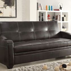 Brand new 85" x 41" brown leather or grey linen sofa futon