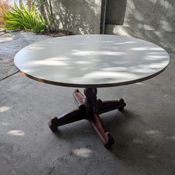 Vintage Ethan Allen 48” Round Pedestal Kitchen Table – White Laminate Top