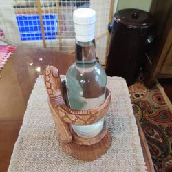 Vintage Hand Carved Wood Turtle Wine Bottle Holder 10.5"

