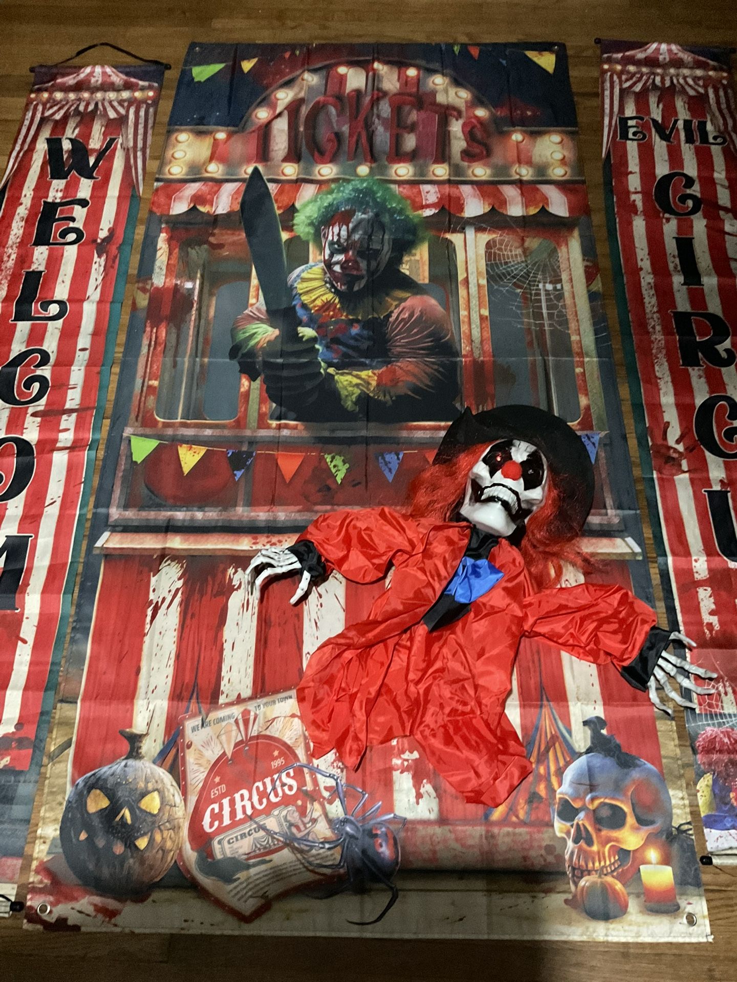 3 Piece Halloween Creepy Carnival Circus Banner 6ft Tall And 34” Wide Center Banner, 1ft 2 Side Pieces 