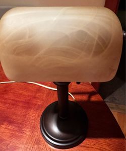 Modern Desk Lamp with Marbled Glass Shade & Pull Chain – Bronze Finish