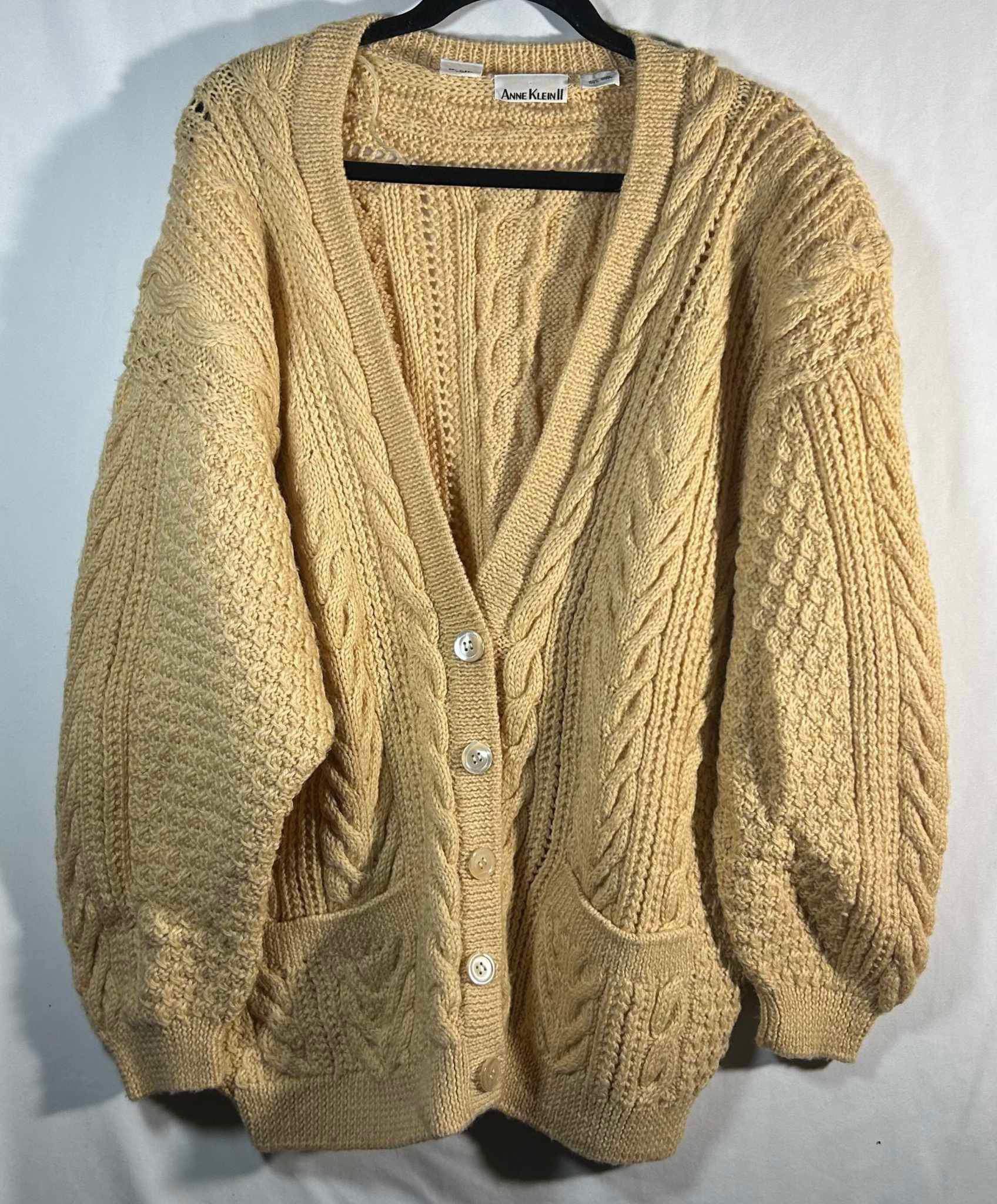 Anne Klein II  Womens Large Cardigan Cable Knit Yellow Sweater Wool Long Sleeve Top 