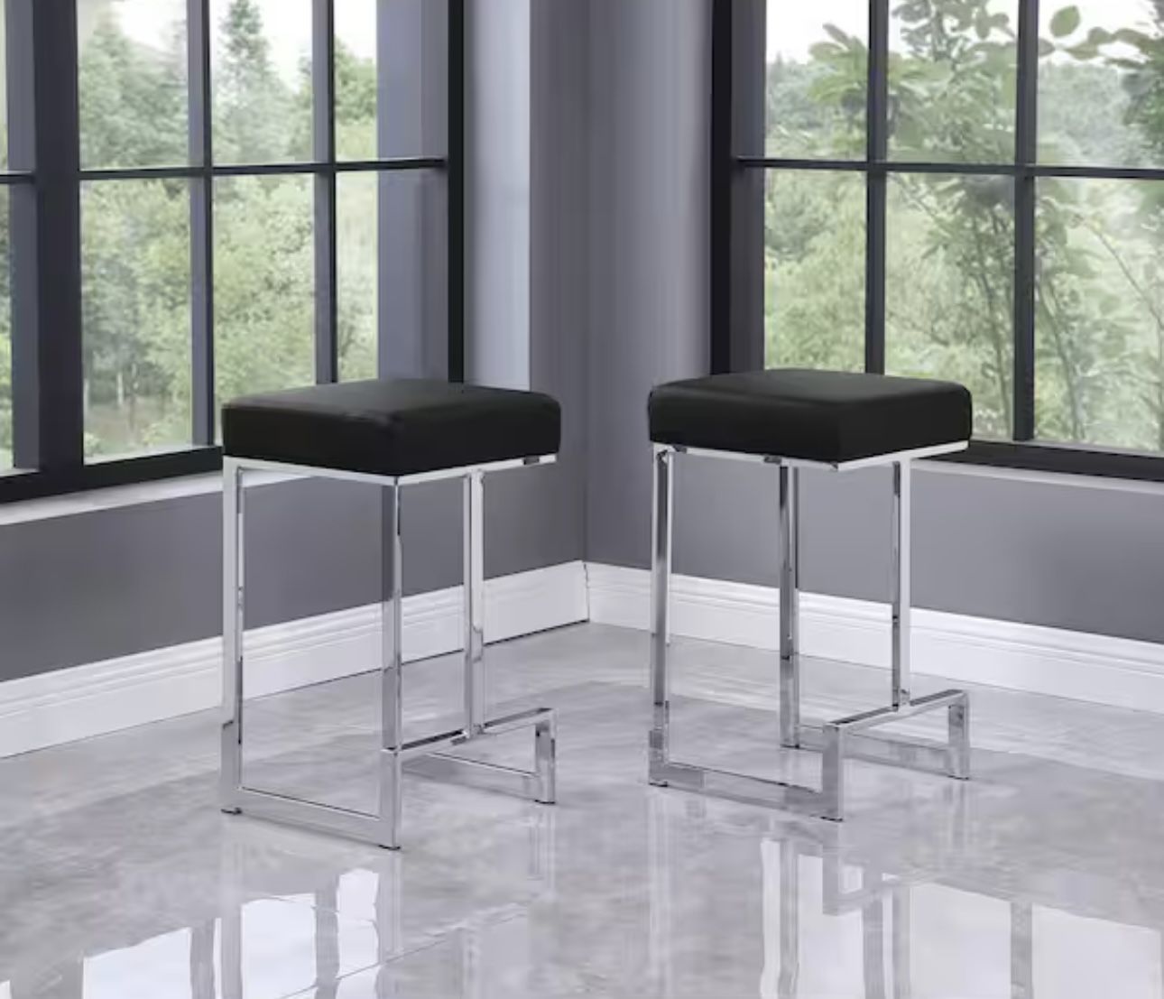 Jupiter Lane 25 in. H Black / Faux Leather Backless Metal Counter Height Stools with Silver Base (Set of 2)