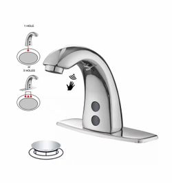 Automatic Sensor Touchless Single Hole Bathroom Sink Faucet with Deck Plate and Pop Up Drain in Polished Chrome