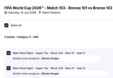 FIFA World Cup Bronze Metal Match tickets x2