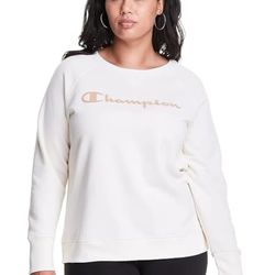 CHAMPION Womens Beige Ribbed Long Sleeve Crewneck Pullover Logo Graphic Sweatshirt- AVAILABLE IN SIZES - 1X, 2X & 3X