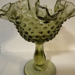 Vintage Fenton Glass Company Green Hobnail Pedestal Compote Bowl – 7” Tall