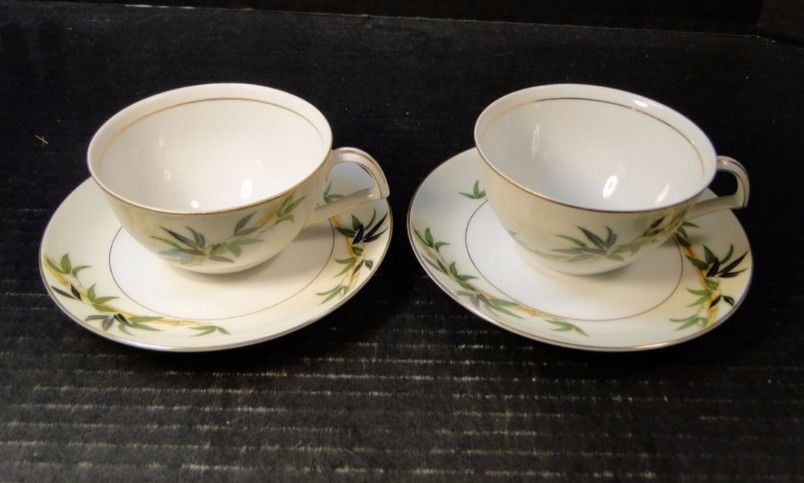 New, 12pc tea set, hand painted bamboo gold, vintage world war II 1940s Japan made, bali hai noritake collector's fine bone china coffee cups
