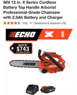 Echo 56V 12 in. X Series Cordless Battery Top Handle Arborist Professional-Grade Chainsaw with 2.5Ah Battery and Charger