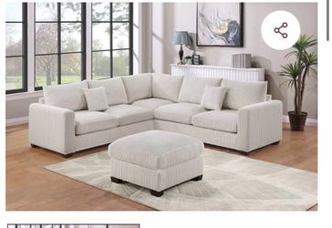 Cream Corduroy Sectional Sofa with Ottoman