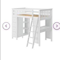 Solid wood twin loft bed with desk, shelves and drawers. Perfect for kids ages 4-10