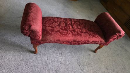 Red Damask Upholstered Bench with Rolled Arms