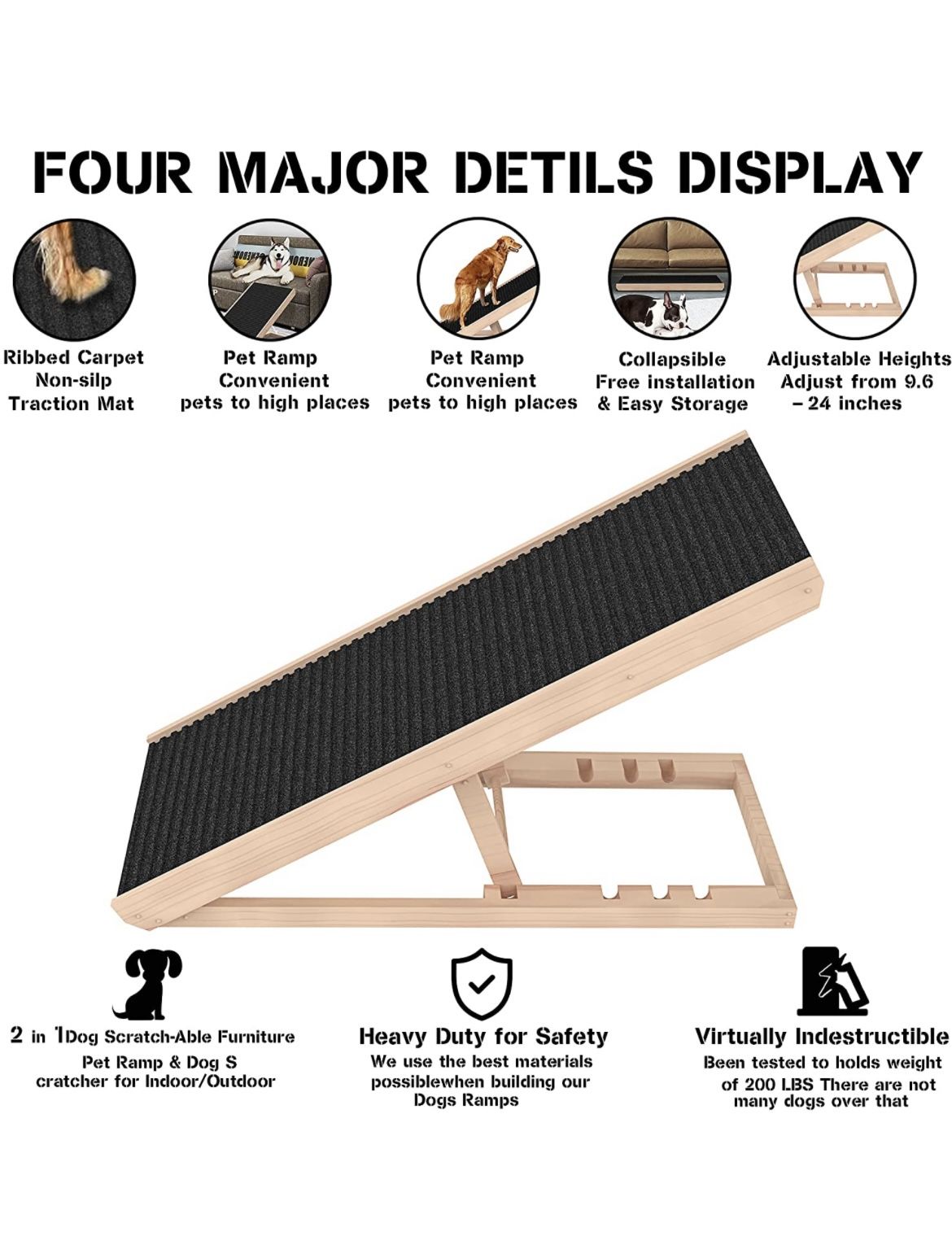 Adjustable Pet Ramp for All Dogs and Cats - Folding Portable Dog Ramp for Couch or Bed with Non Slip Carpet Surface, 40”Long and Height Adjustable 