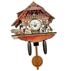 Miniature Wooden Quartz Cuckoo Clock Germany Lumberjack Horse Cart Chalet