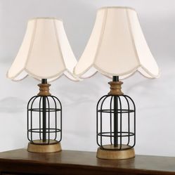 Set Of Two 21” Farmhouse Black Metal Cage Table Lamps with Wood Accents and Yellowish Beige Scalloped Lamp Shades -Bell Faux Silk Shades