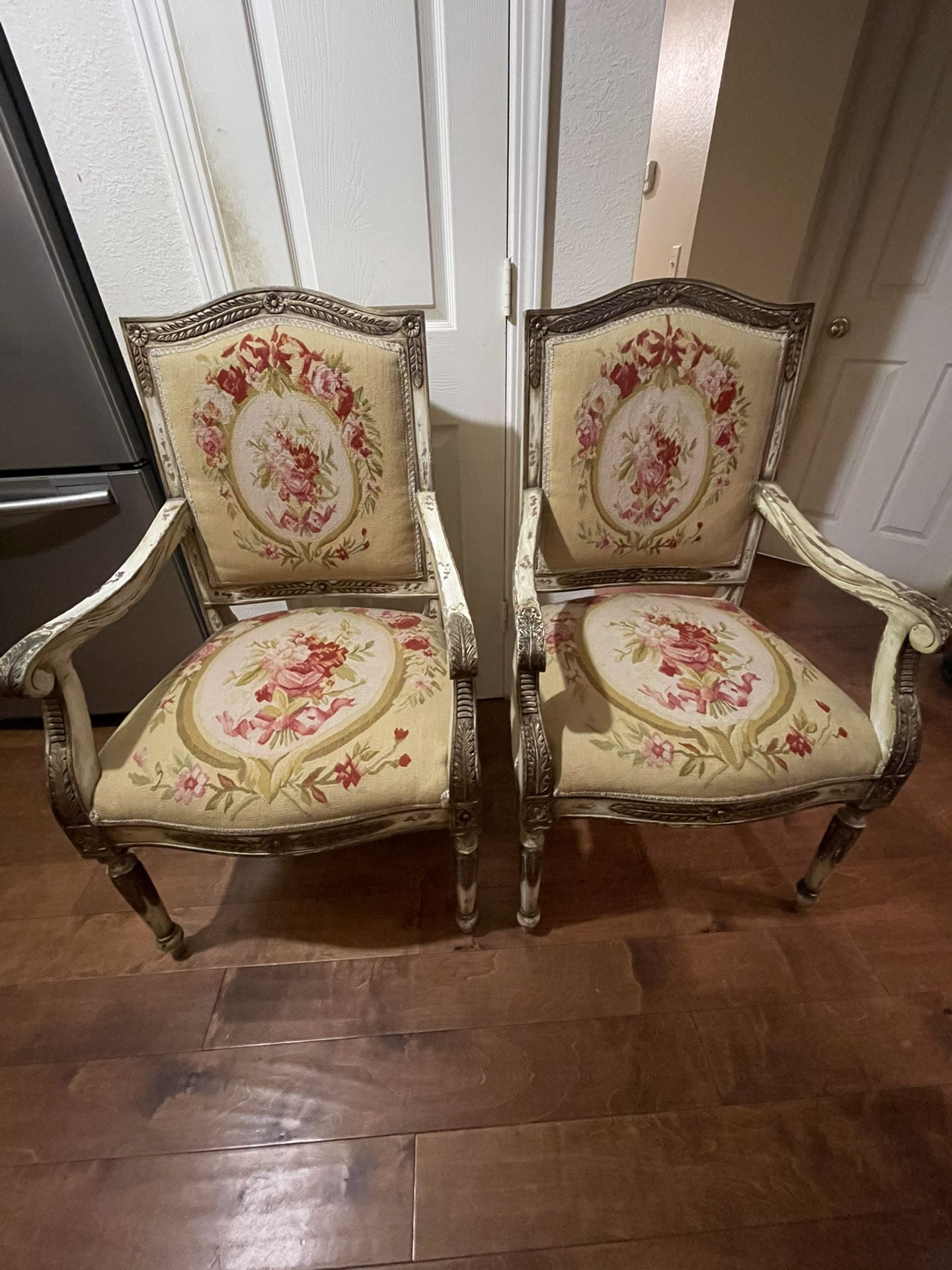 Pair of Antique French Provincial Louis XVI Tapestry Chairs