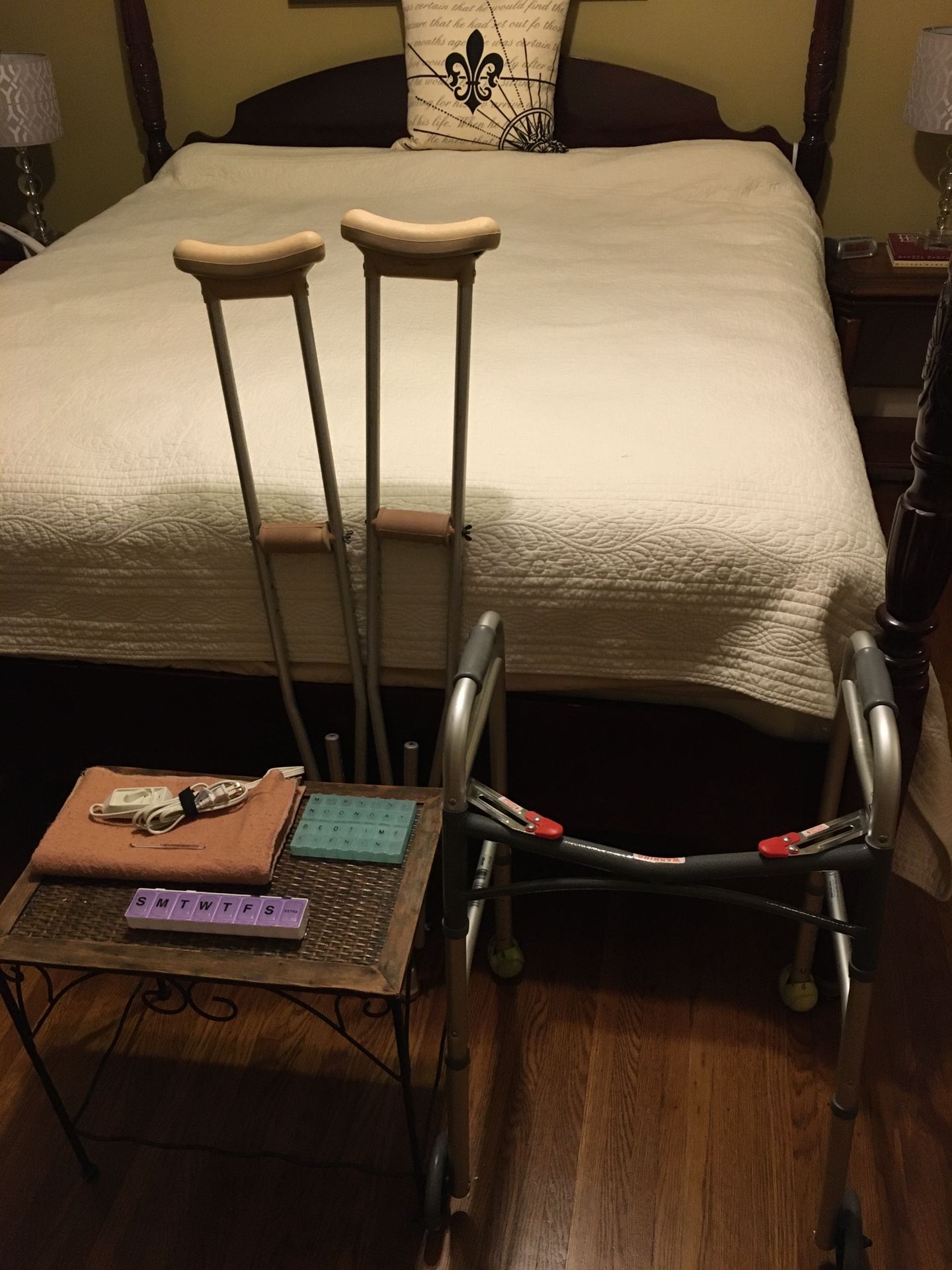 Walker, crutches and medicine organizers