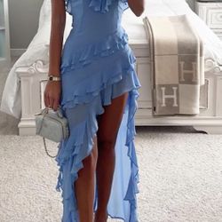 New Blue Asymmetrical Dress With Ruffles