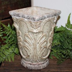 Ornate Heavy Old World French Country Pottery Stone Vessel Vase 