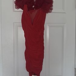 Statement Red Ruched Mesh Dress with Dramatic Tulle Shoulders – Size S