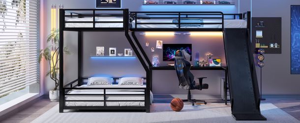L-Shaped Twin over Full Bunk Bed with Twin Size Loft Bed, Metal Triple Bunk Bed with Slide and USB Ports, Space-saving and Noise-free Design, Black