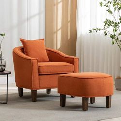 Accent Chair with Ottoman, Upholstered Barrel Chair for Adults, Single Sofa Armchair with Footrest Orange, G20