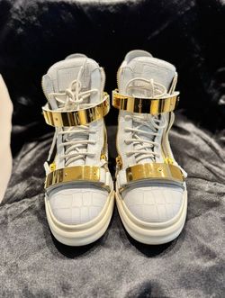 Giuseppe Zanotti White Croc-Embossed High-Top Sneakers with Gold Hardware