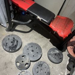 Assortment Of Weights And Lifting Bench 