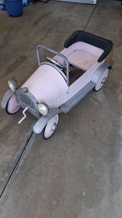 Pink Vintage-Style (Pedal are missing) Car with Silver Trim and Steering Wheel
