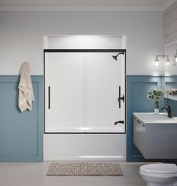 Pleat 59.625 in. x 63.5625 in. Frameless Sliding Bathtub Door in Matte Black with Crystal Clear Glass Pleat 59.625 in. x 63.5625 in. Frameless Sliding Bathtub Door in Matte Black with Crystal Clear Glass