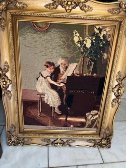 vintage needlepoint or Gobelin tapestry titled "The Music Lesson" (also known as "The First Piano Lesson" or "The Harpsichord Lesson"), based on the c