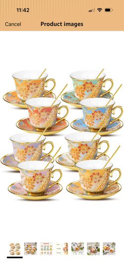 Tea Cups and Saucers Set of 8, 8 OZ Floral Tea Cup with Saucer, Vintage Tea Cups Porcelain Tea Set with Spoon for Latte , Mocha , Afternoon Tea Birthd