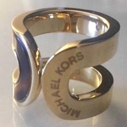 Designer Michael KORS Gold Blue double BAR Band logo Ring size 8