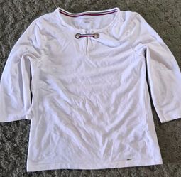Tommy Hilfiger white long sleeve top with red and blue stripes #preppy #summer