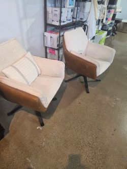 Set of 2 Boucle and Leather Swivel Accent Chairs