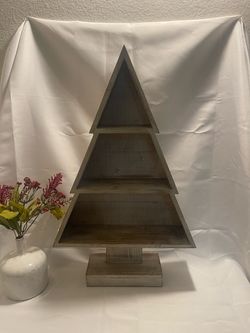 Three tiered wood Christmas tree shelf display