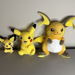 Pokemon Pichu, Pikachu, Riachu Plush The Pikachu Family Line