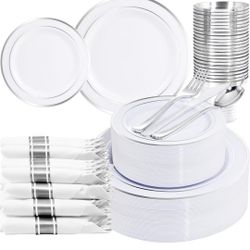 210 Piece Silver Plastic Dinnerware Set for 30 Guests, Plastic Plates for Party, Include: 30 Dinner Plates, 30 Dessert Plates, 30 Pre Rolled Napkins w